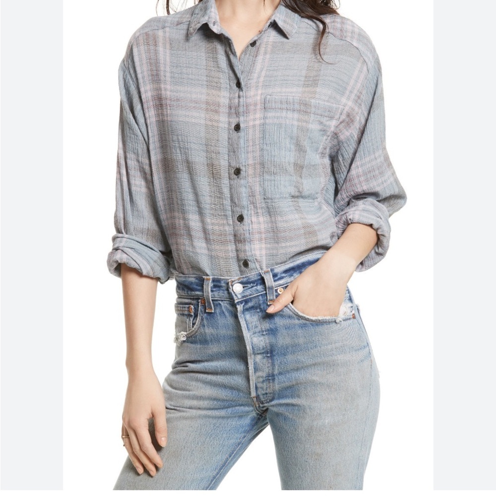 Free People cropped cutie Plaid Shirt; size M